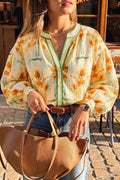 Yellow Floral Print V Neck Long Sleeve Shirt