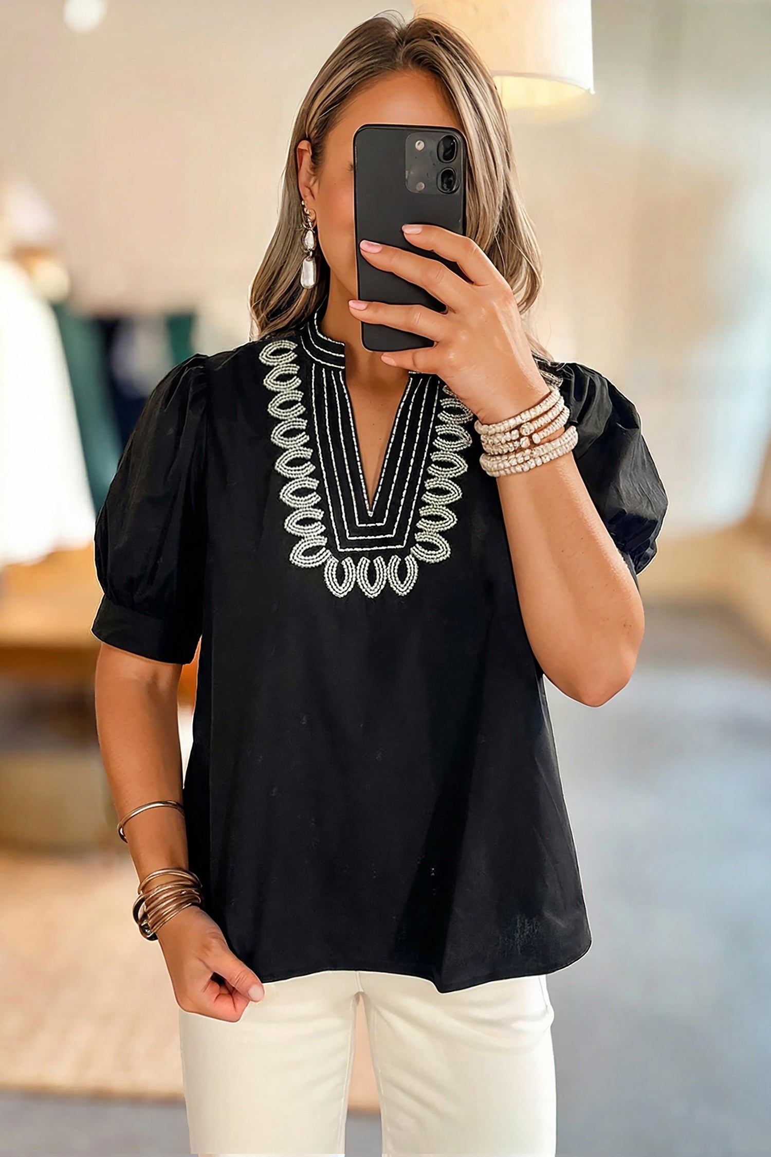 Black Short Puff Sleeve Blouse