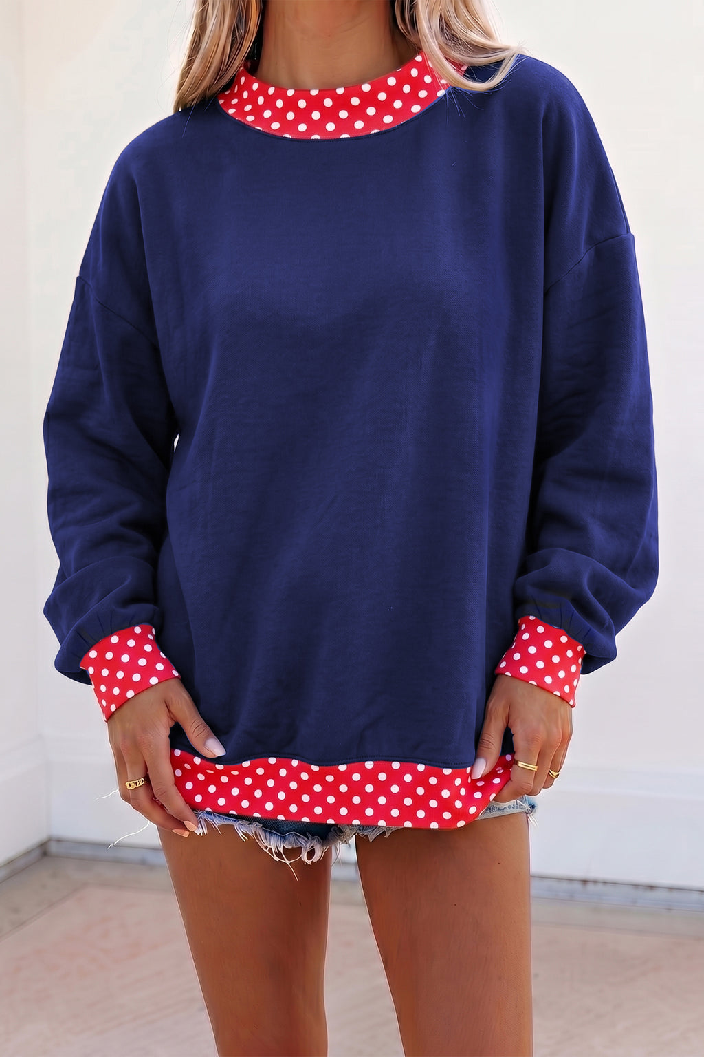 Orange Colorblock Polka Dot Contrast Trim Oversized Sweatshirt