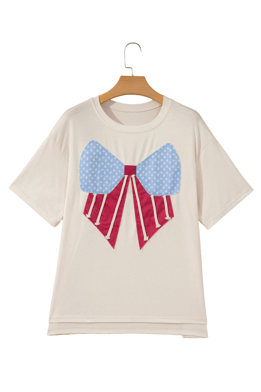White Loose Knit Vintage Flag Bow Patched T Shirt