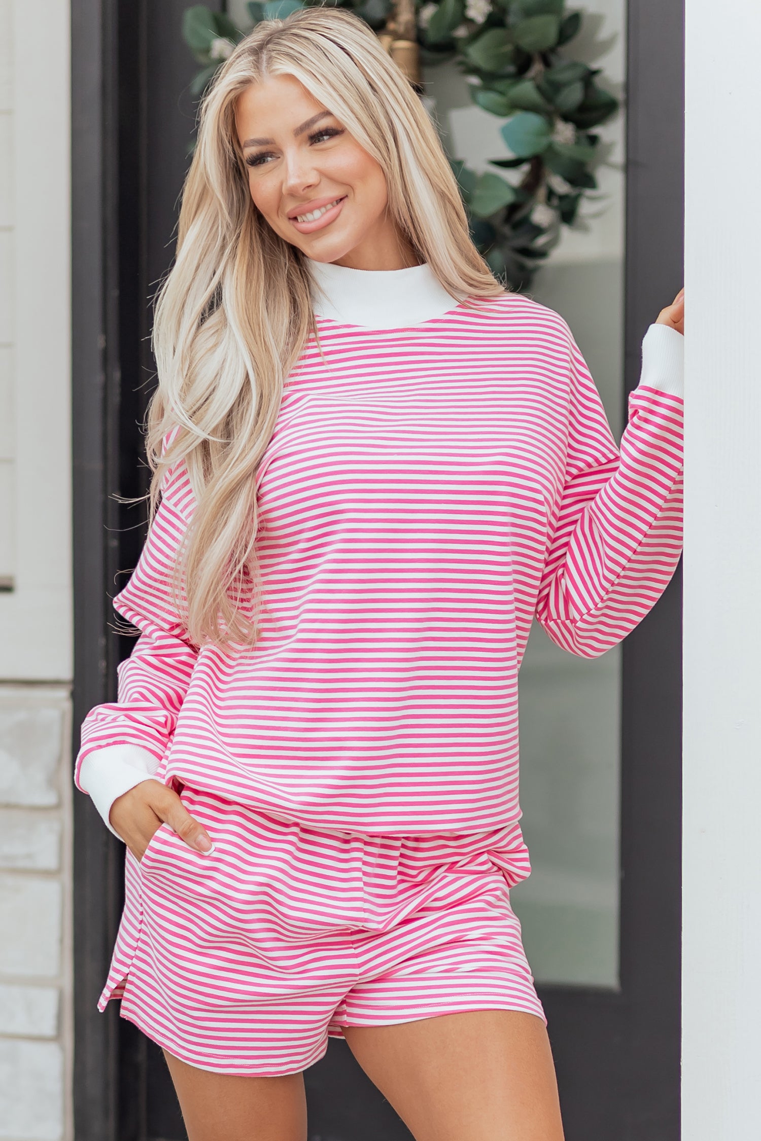 Red Stripe Oversize Mock Neck Sweatshirt and Shorts Set
