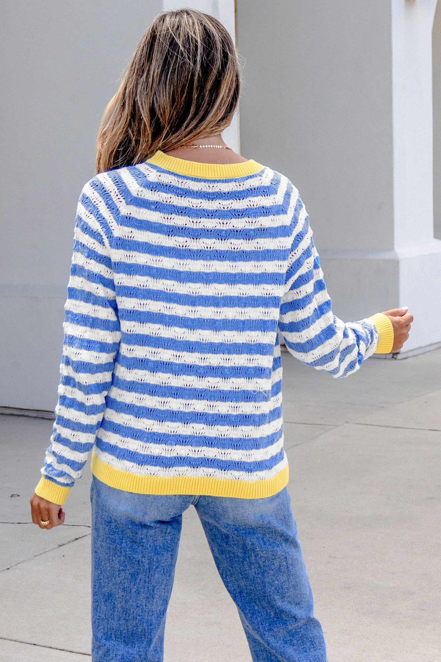 Sky Blue Stripe Striped Colorblock Button Front Long Sleeve Loose Fit Knit Cardigan