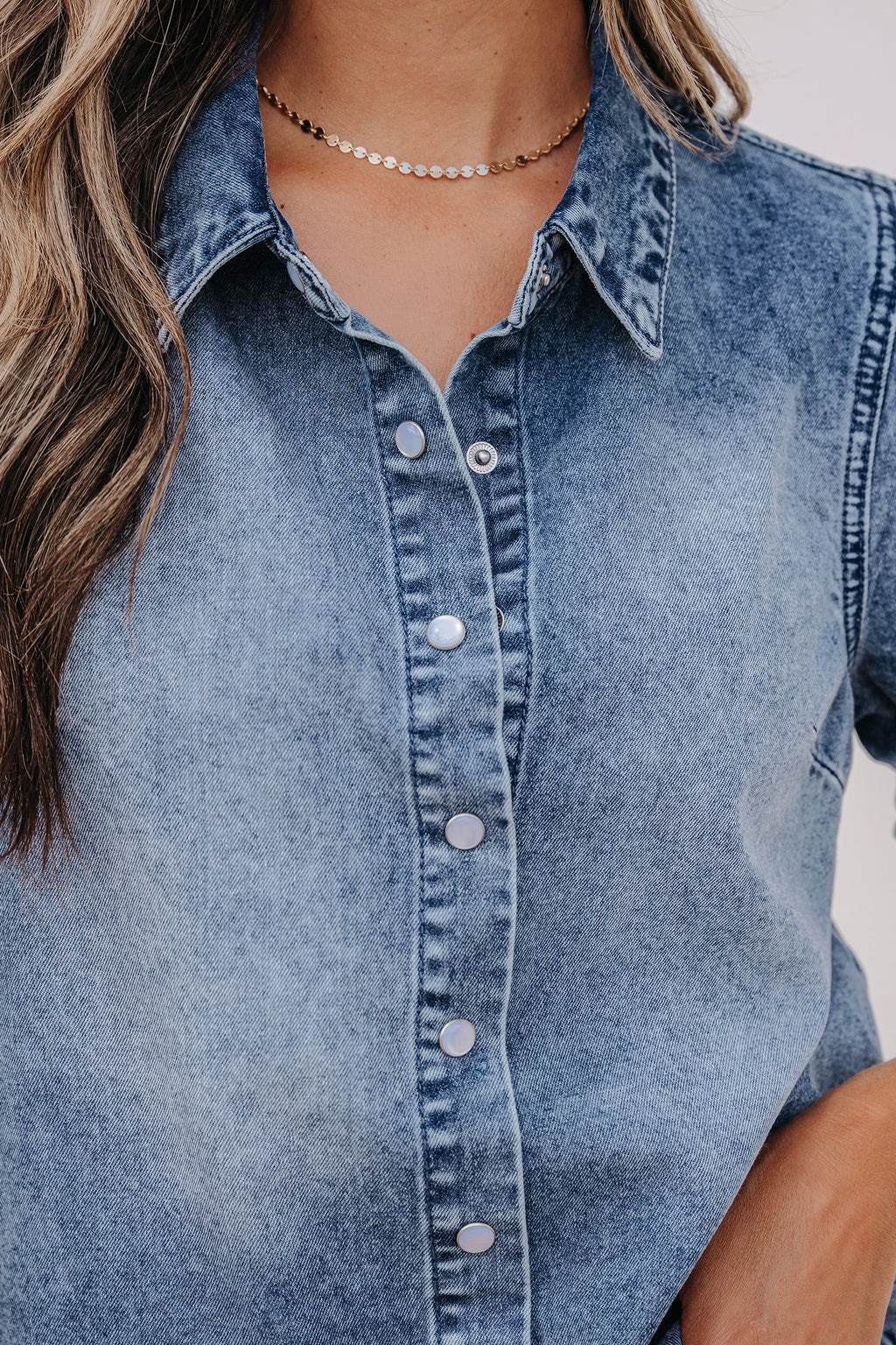 Frilled Short Sleeve Denim Shirt