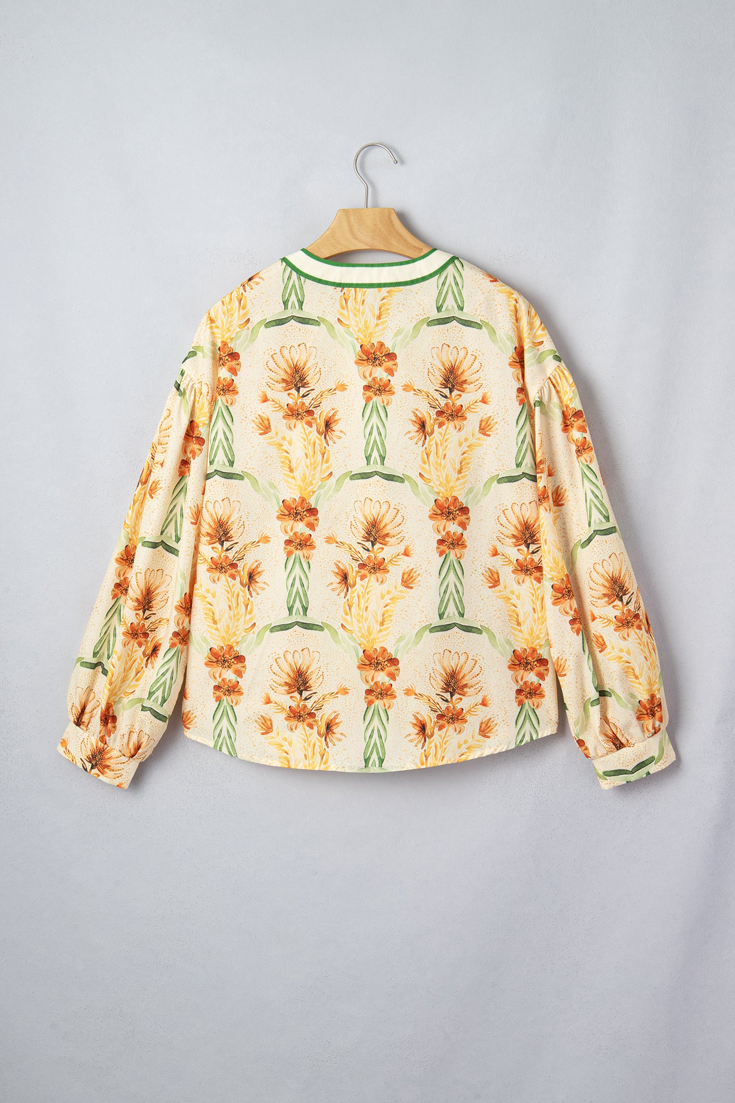 Yellow Floral Print V Neck Long Sleeve Shirt