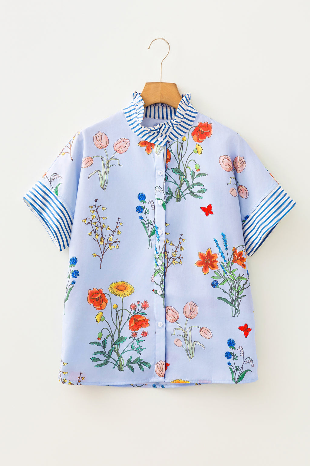 Beige Floral Striped Patchwork Ruffled Collar Short Sleeve Shirt