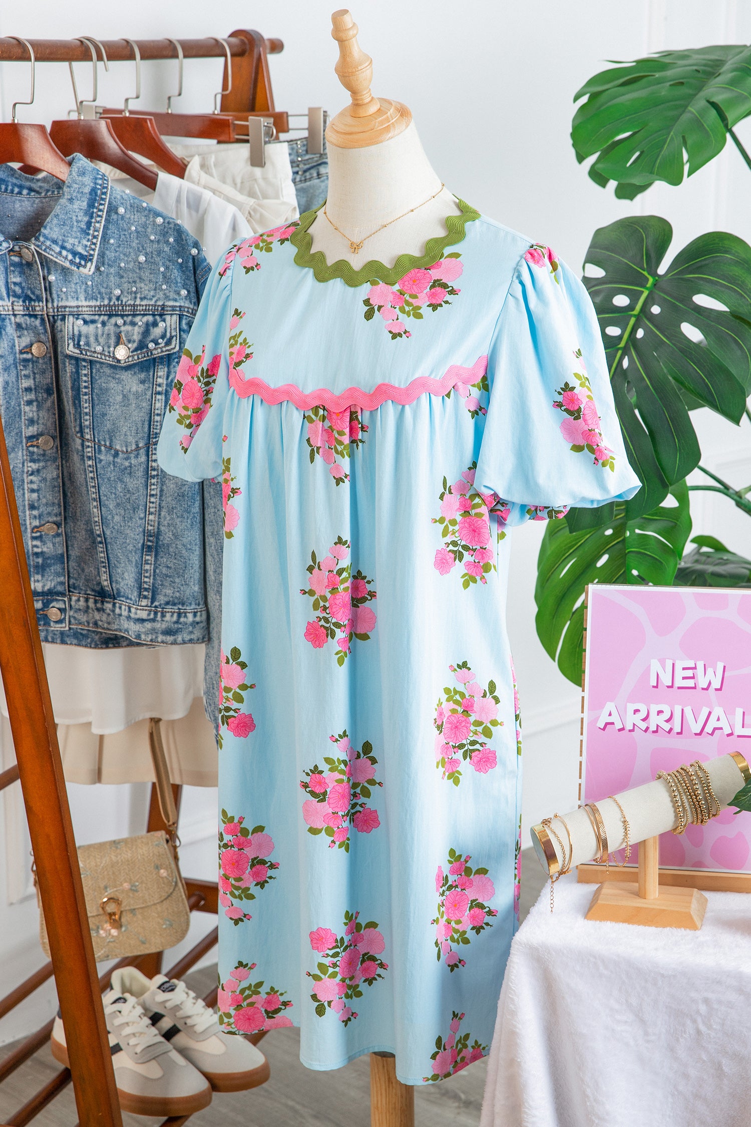 Sky Blue Floral Printed Contrast Ricrac Detail Bubble Sleeve Dress