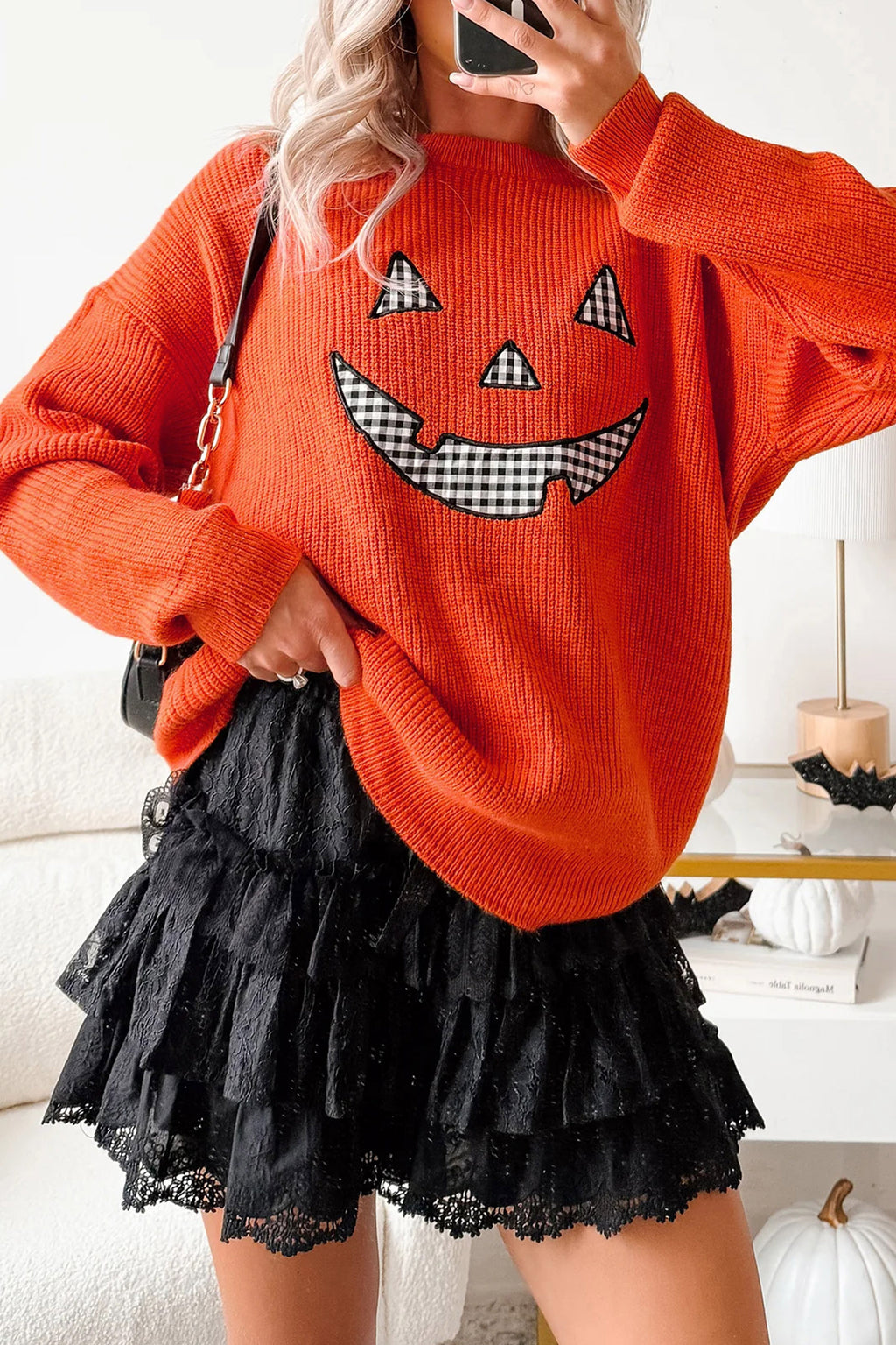 Orange Drop Shoulder Long Sleeve Round Neck Halloween Sweater