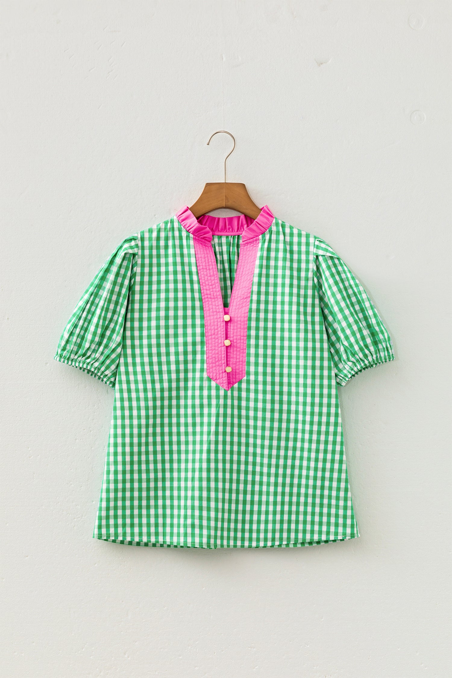 Green Gingham Plaid Bubble Sleeve Colorblock Trim V Neck Blouse