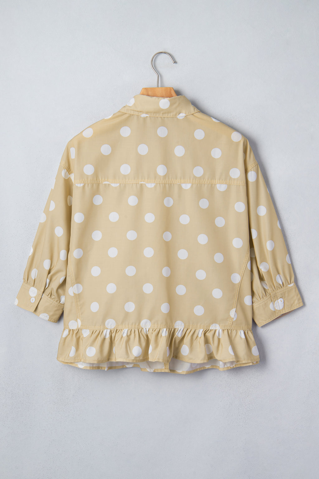 Khaki Polka Dot Print Three Quarter Sleeve Ruffle Hem Casual Shirt