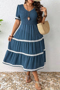 Dusk Blue Plus Size V Neck Swiss Dot Lace Patchwork Detail Flared Midi Dress