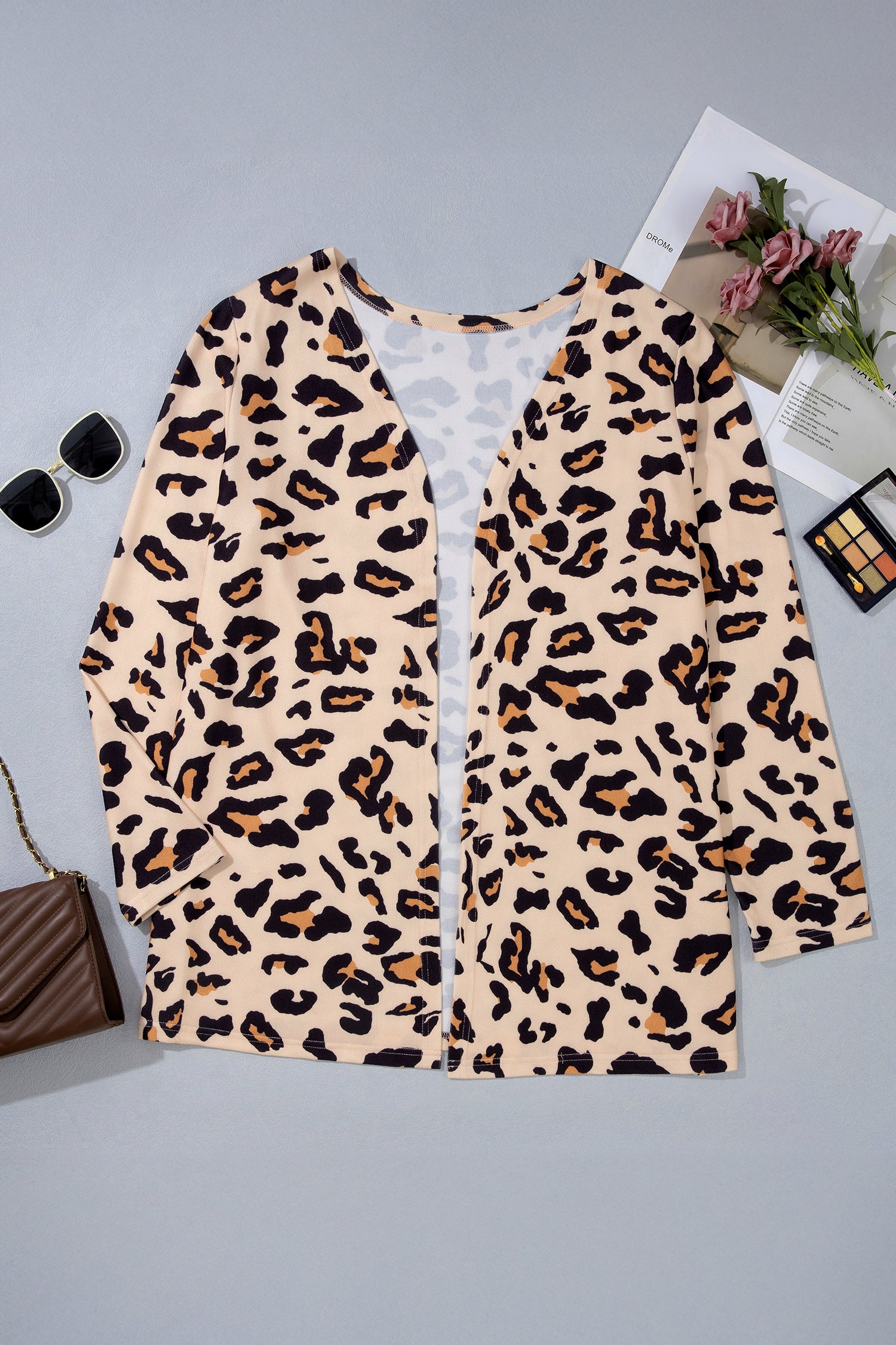 Khaki Leopard Print Long Sleeve V Neck Tunic Plus Size Cardigan