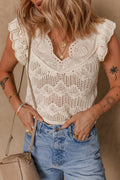 Beige Embroidered Patchwork Hollow Out Knitted Ruffle Sweater Vest