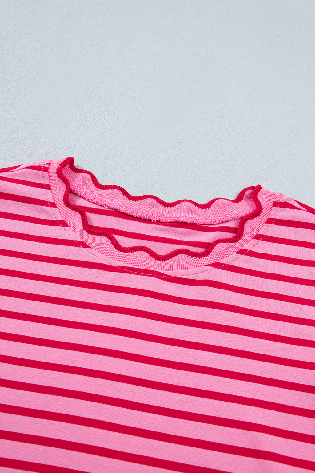 Pink Stripe Scalloped Trim Round Neck T Shirt