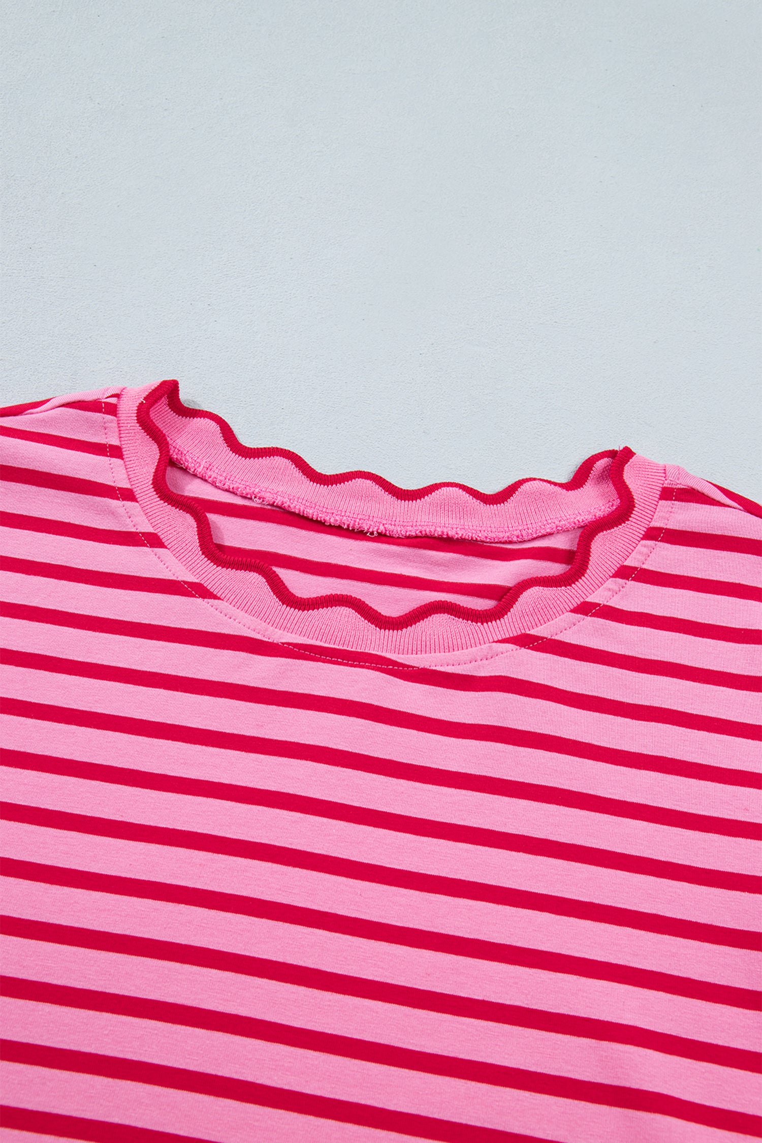 Pink Stripe Scalloped Trim Round Neck T Shirt