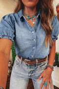 Frilled Short Sleeve Denim Shirt