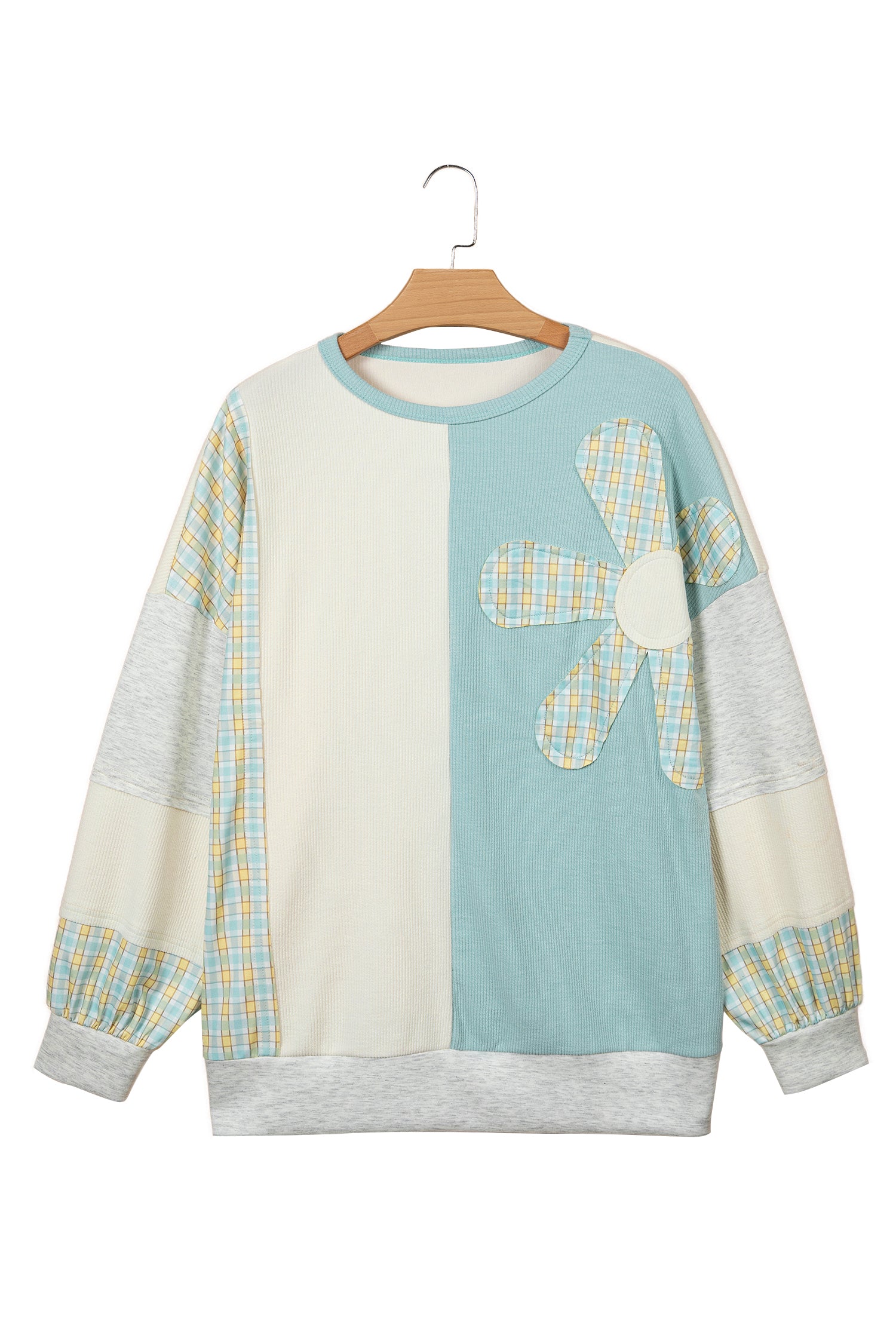 Light Blue Plaid Patchwork Round Neck Long Sleeve Top