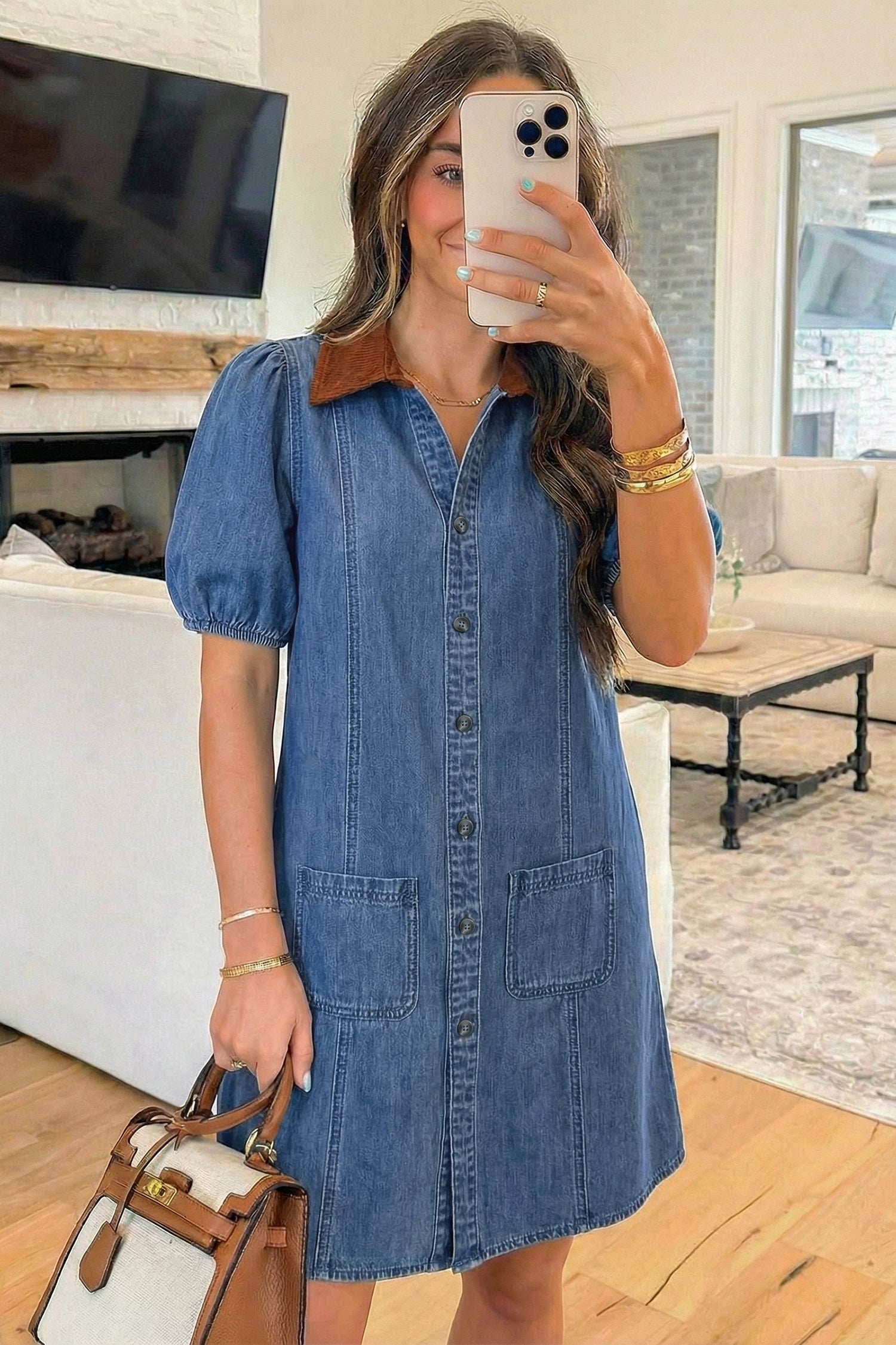 Denim Short Puff Sleeve Mini Dress