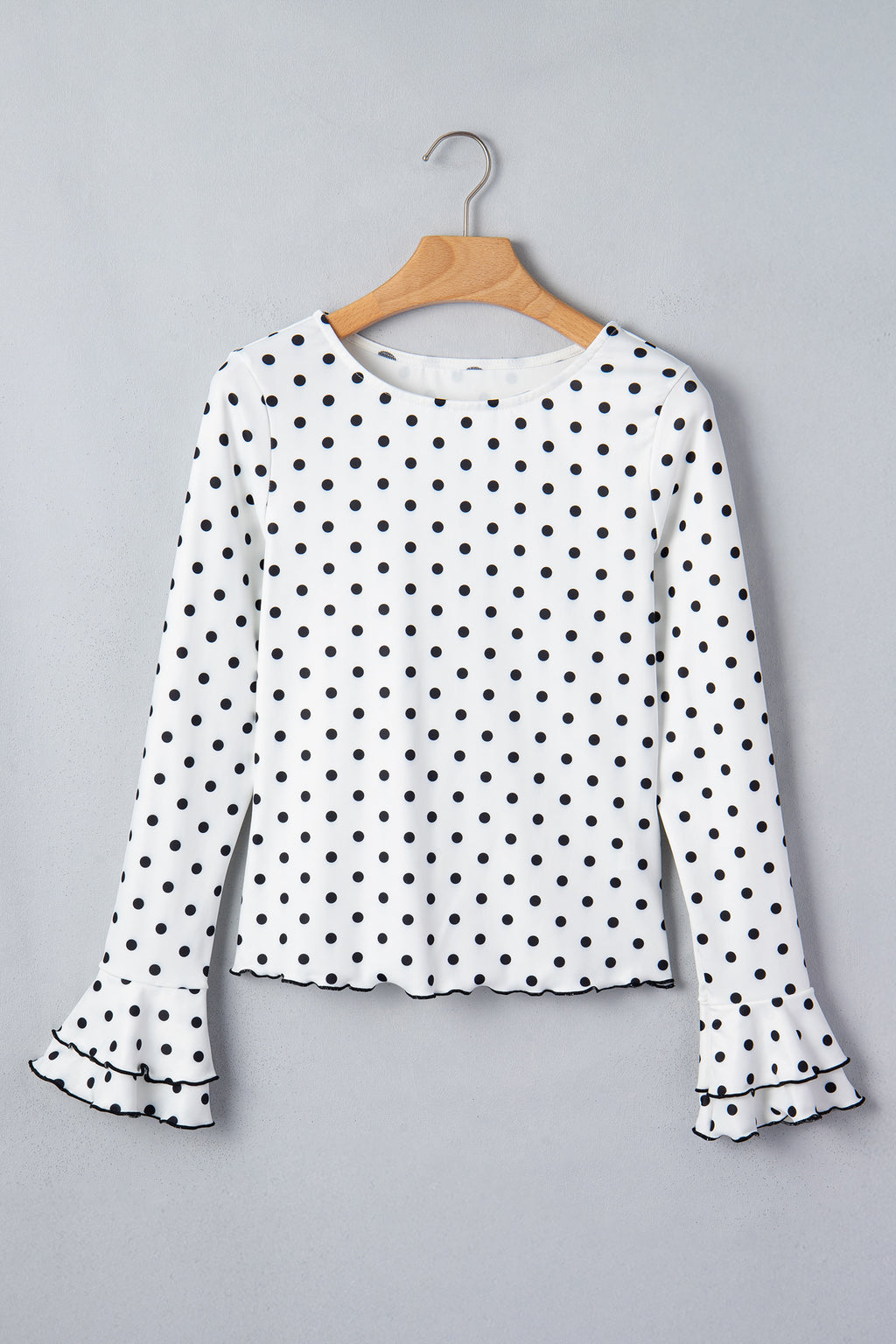 Black Polka Dot Print Lettuce Trim Long Sleeve Top
