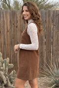 Coffee Geometric Embroidery Sleeveless Corduroy Shift Dress