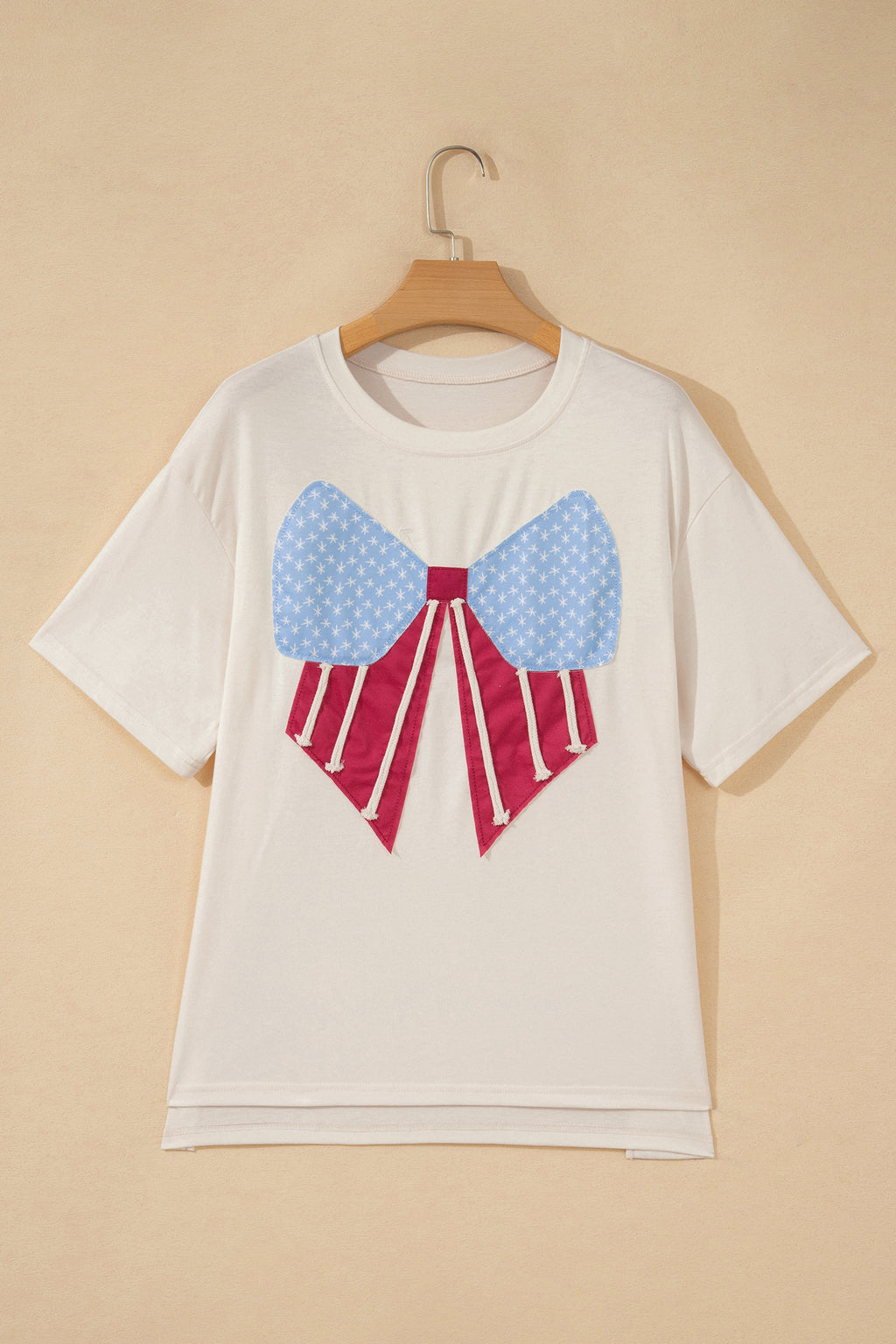White Loose Knit Vintage Flag Bow Patched T Shirt