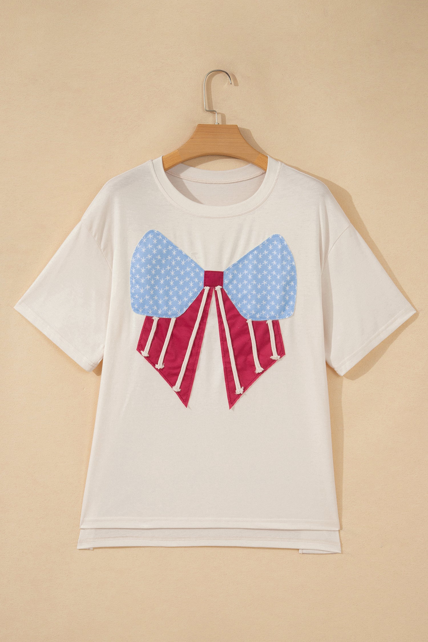 White Loose Knit Vintage Flag Bow Patched T Shirt