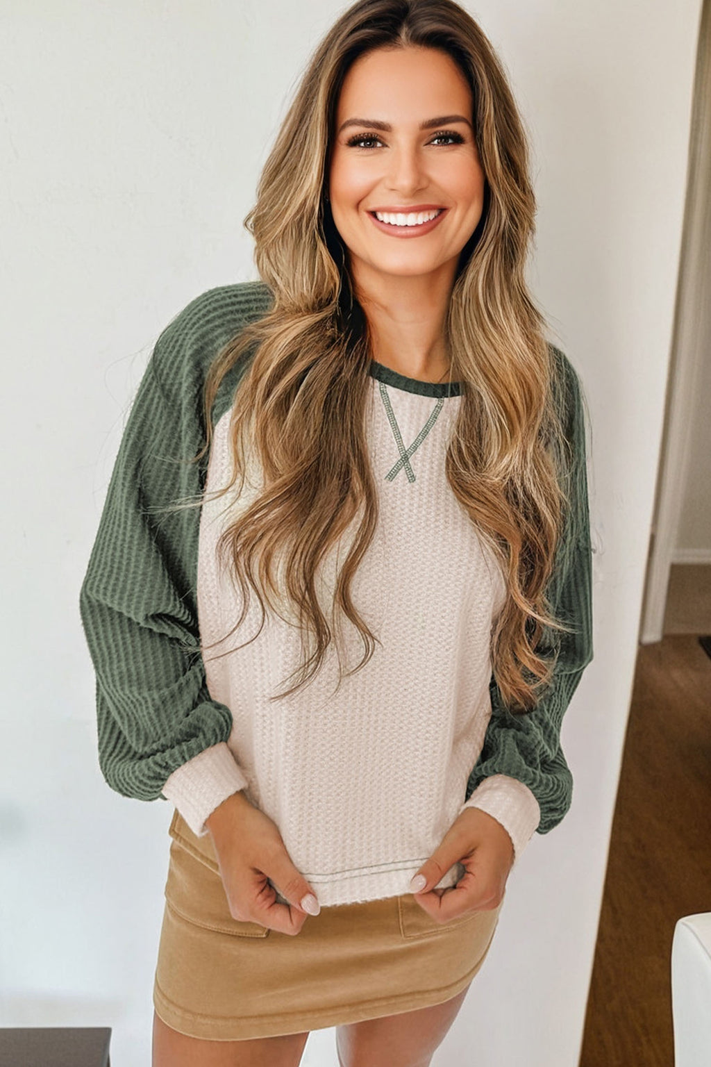 Mist Green Waffle Color Block Raglan Sleeve Top