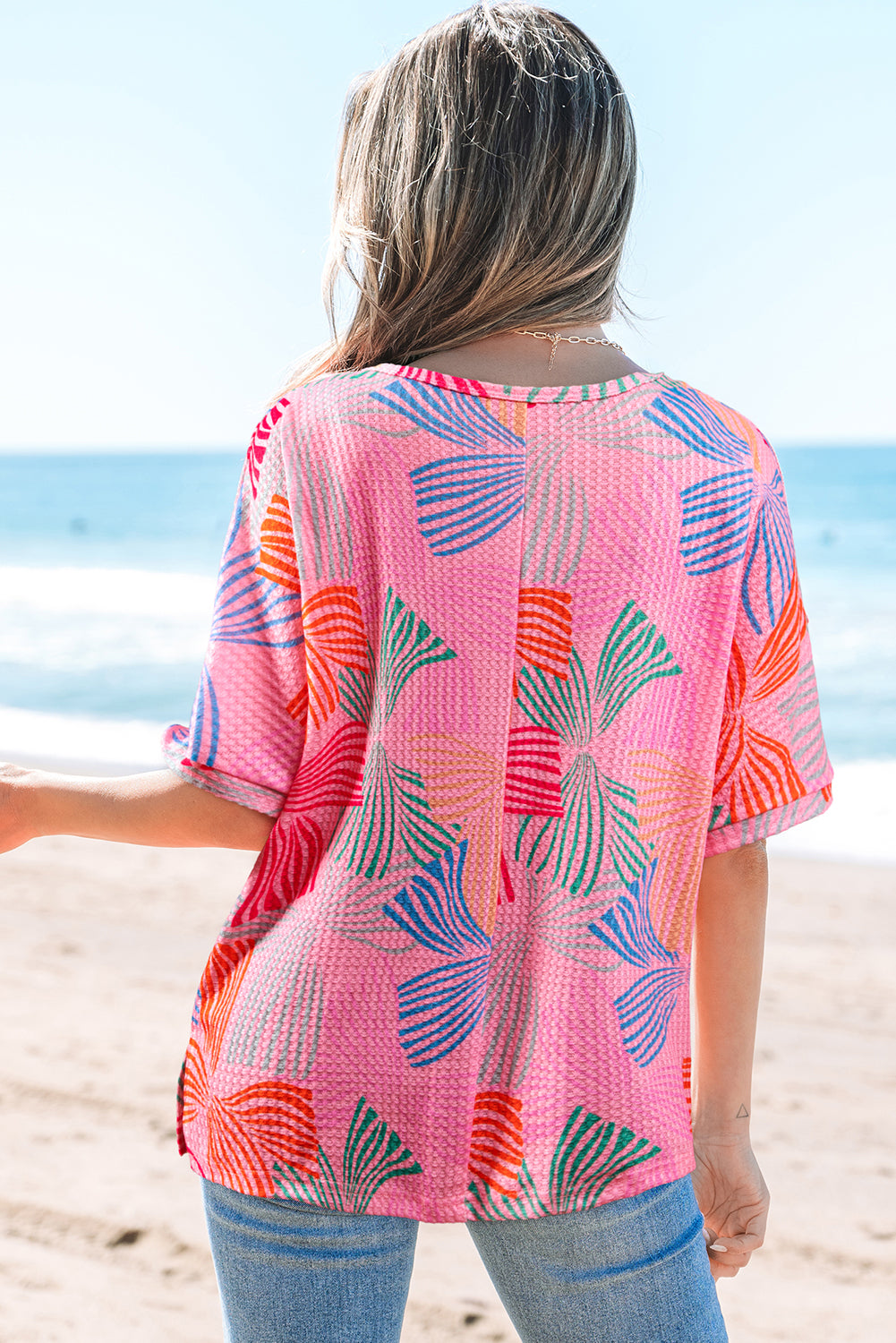 Pink Bowknot Printed Waffle Crewneck Loose Short Sleeve Top