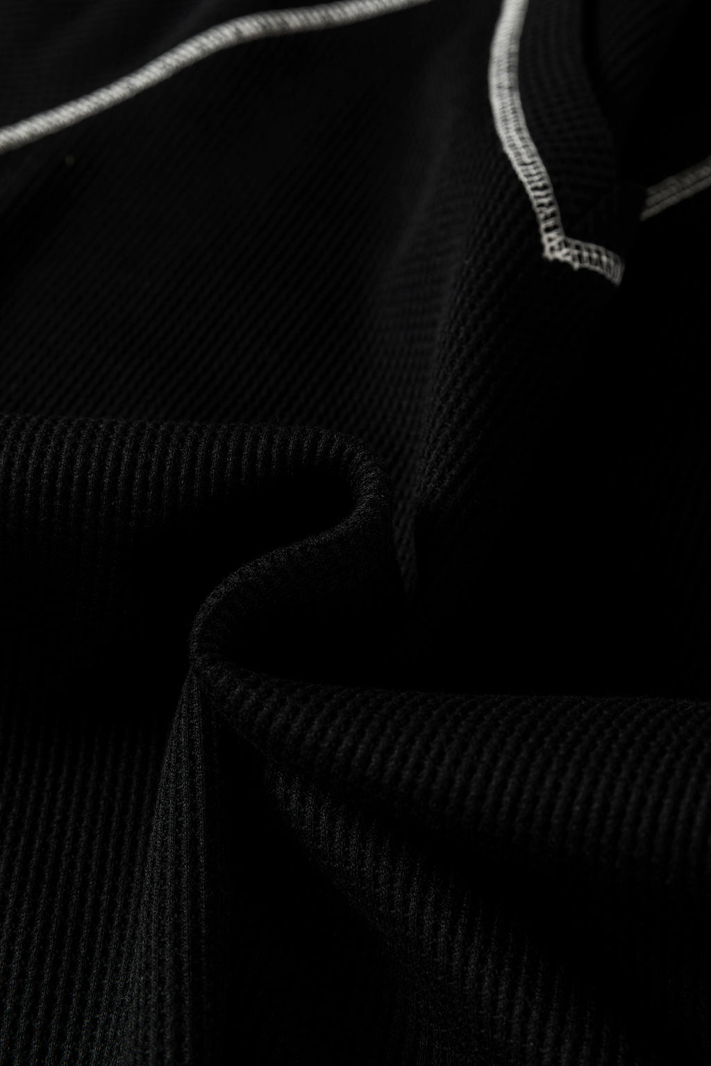 Black Waffle Textured Contrast Trim V Neck Tee