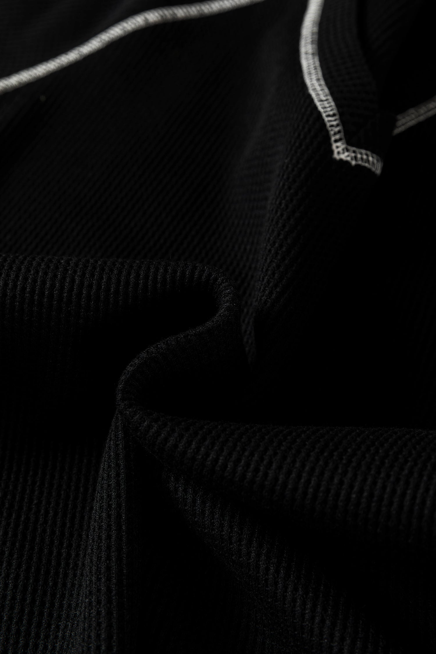 Black Waffle Textured Contrast Trim V Neck Tee