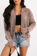 Chestnut Mineral Wash Exposed Seam Patchwork Knit Open Sweater Cardigan