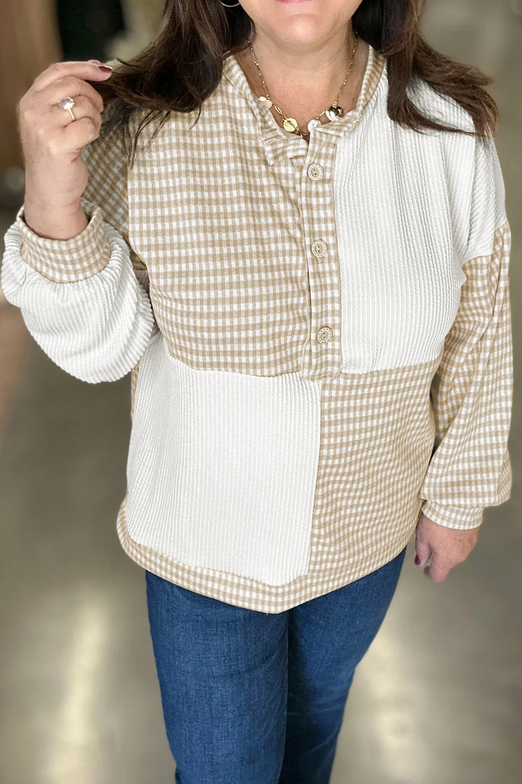 Khaki Patchwork Checkered Long Sleeve Round Neck Plus Size Blouse