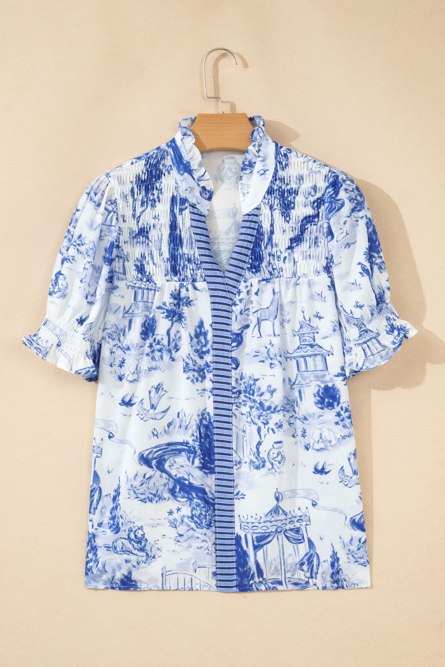 Blue Wild Animal Paradise Striped Detail V Neck Blouse