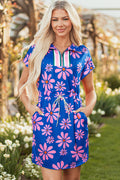 Purple Floral Striped Quarter Zip Cap Sleeve Drawstring Waist Mini Dress