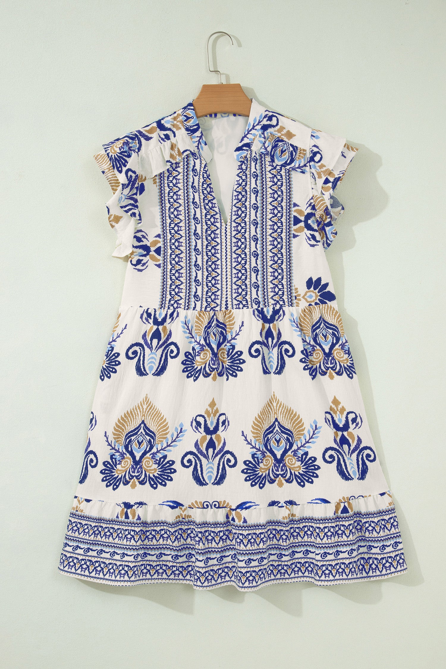 Blue Boho Floral Printed Split Neck Ruffled Sleeve Mini Dress