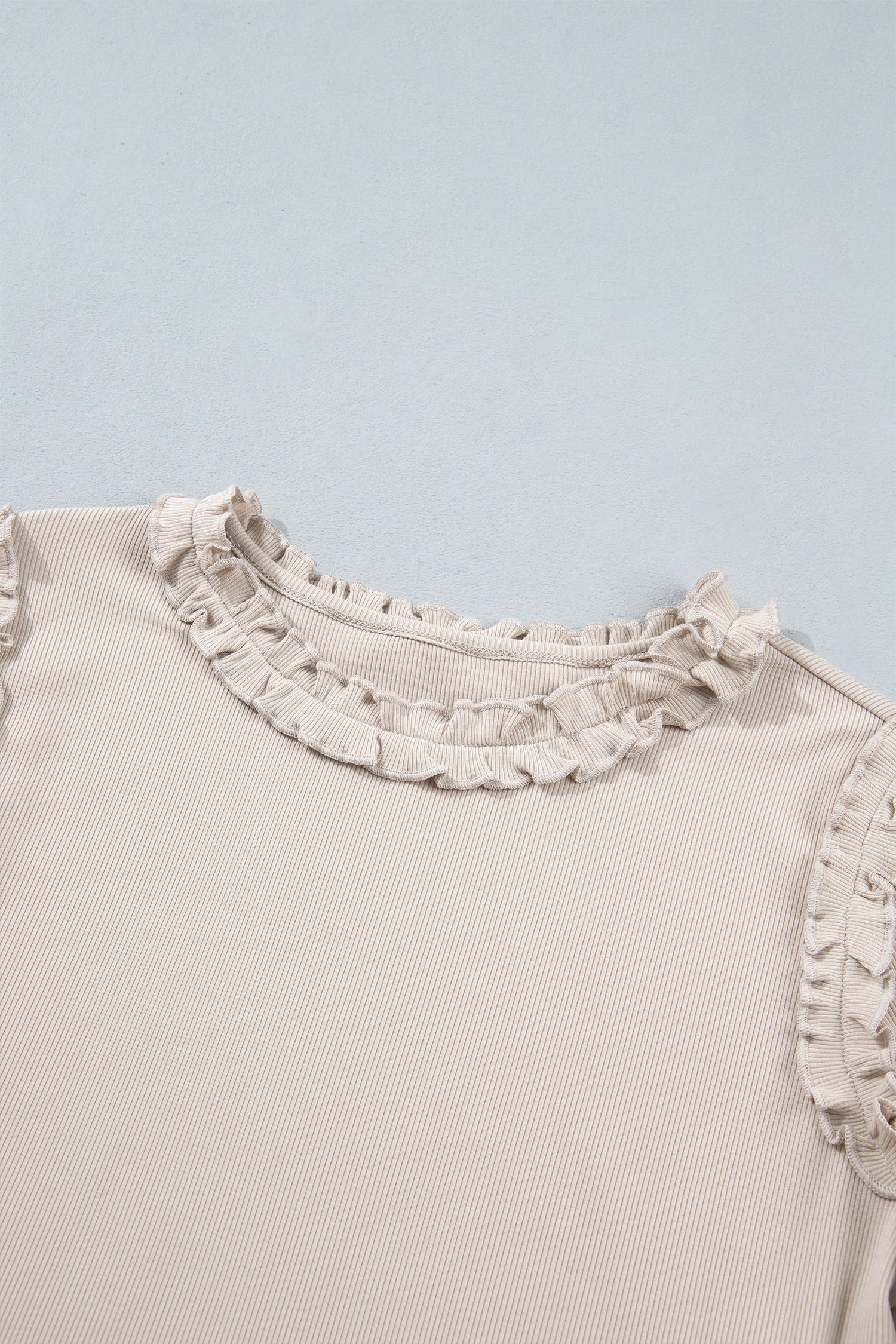 Beige Solid Color Round Neck Frill Detail Long Sleeve Top
