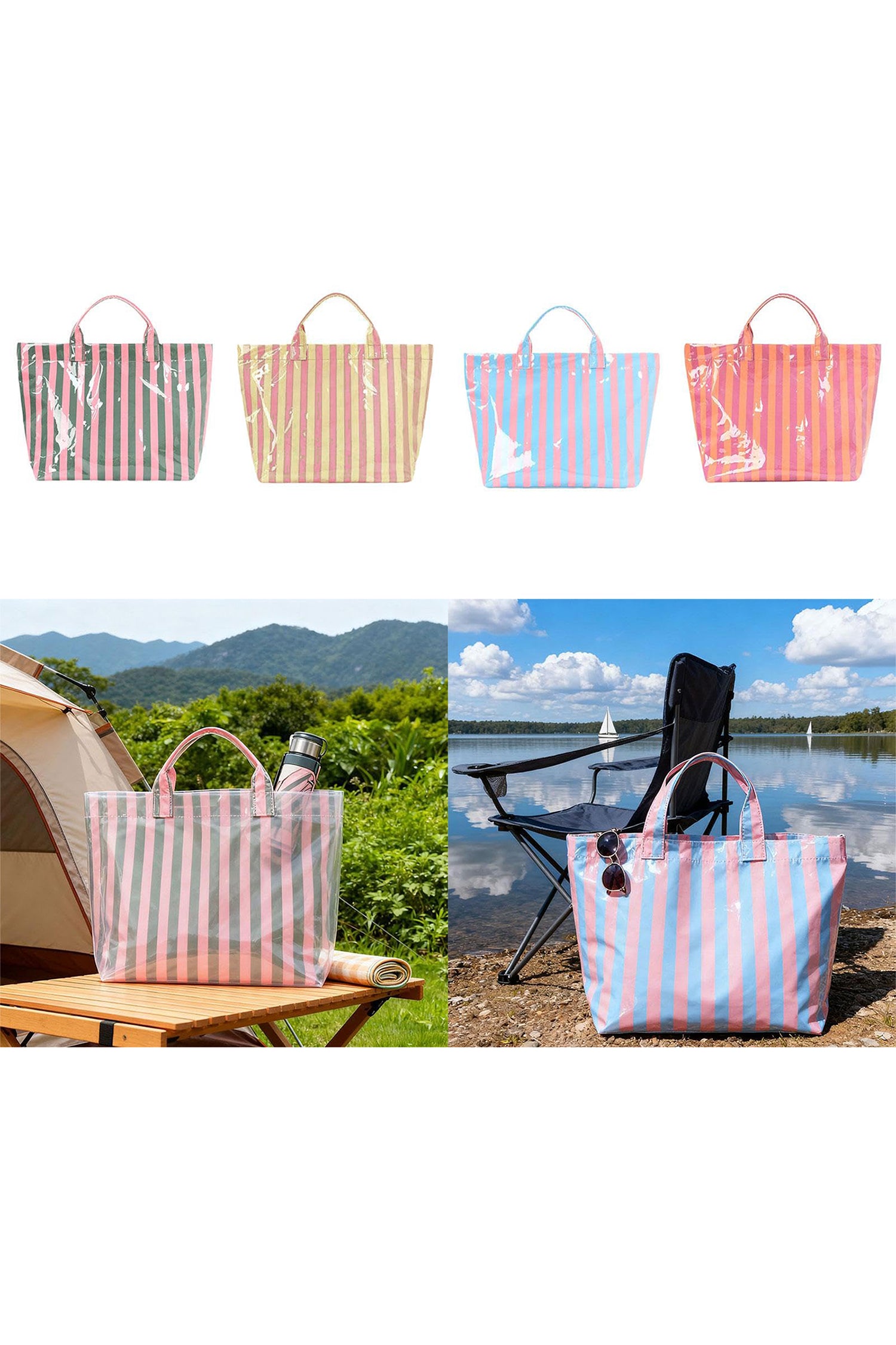 Pink Glossy Striped Vinyl Large Tote Bag