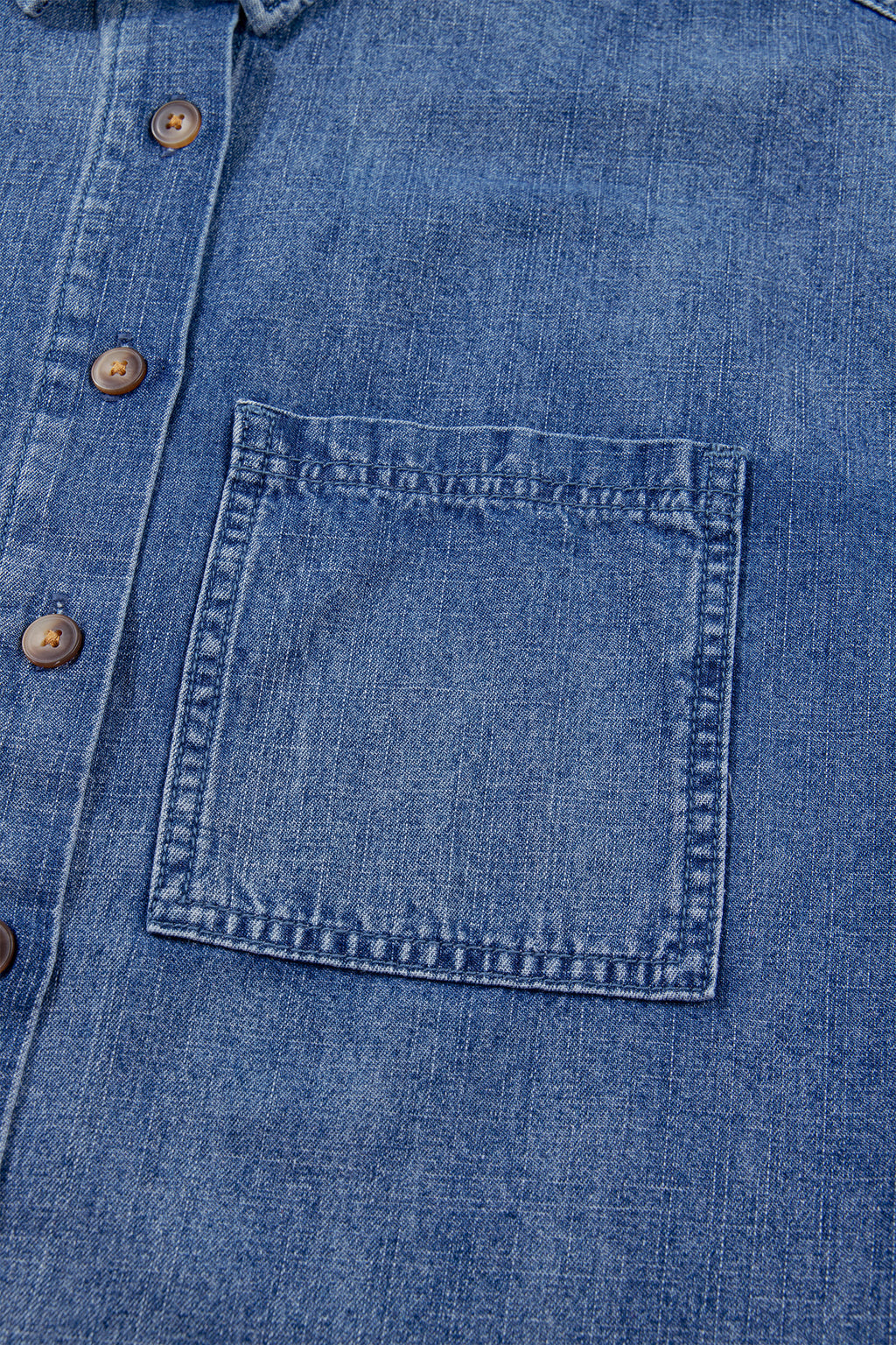 Dusk Blue Three Quarter Sleeve Button Front Loose Denim Shirt