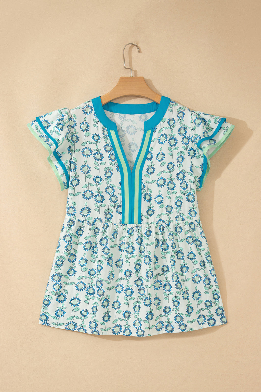 Green Sunflower Printed Contrast Trim V Neck Flutter Sleeve Blouse