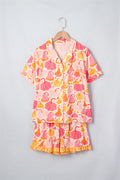 Pink Short Sleeve Pumpkin Print Pocket Placket Shell Button Lounge Set