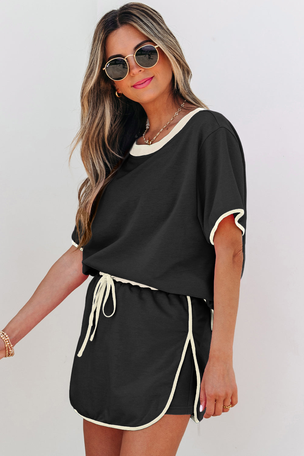 Moonlight Jade Colorblock Edge Drop Shoulder T Shirt and Skort 2Pcs Set