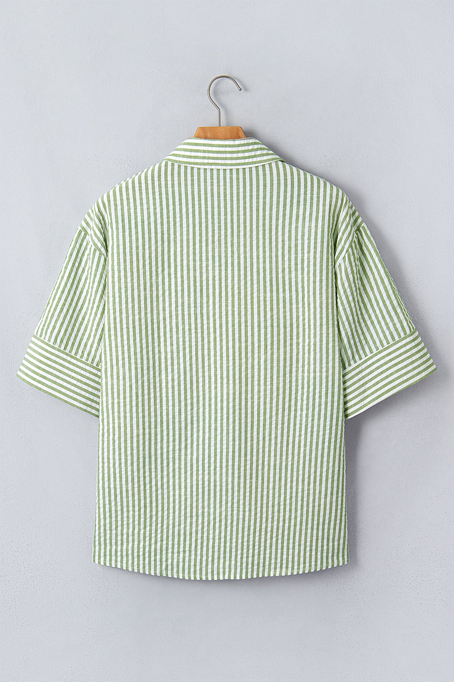 Green Stripe Shirt Collar Half Sleeve Blouse