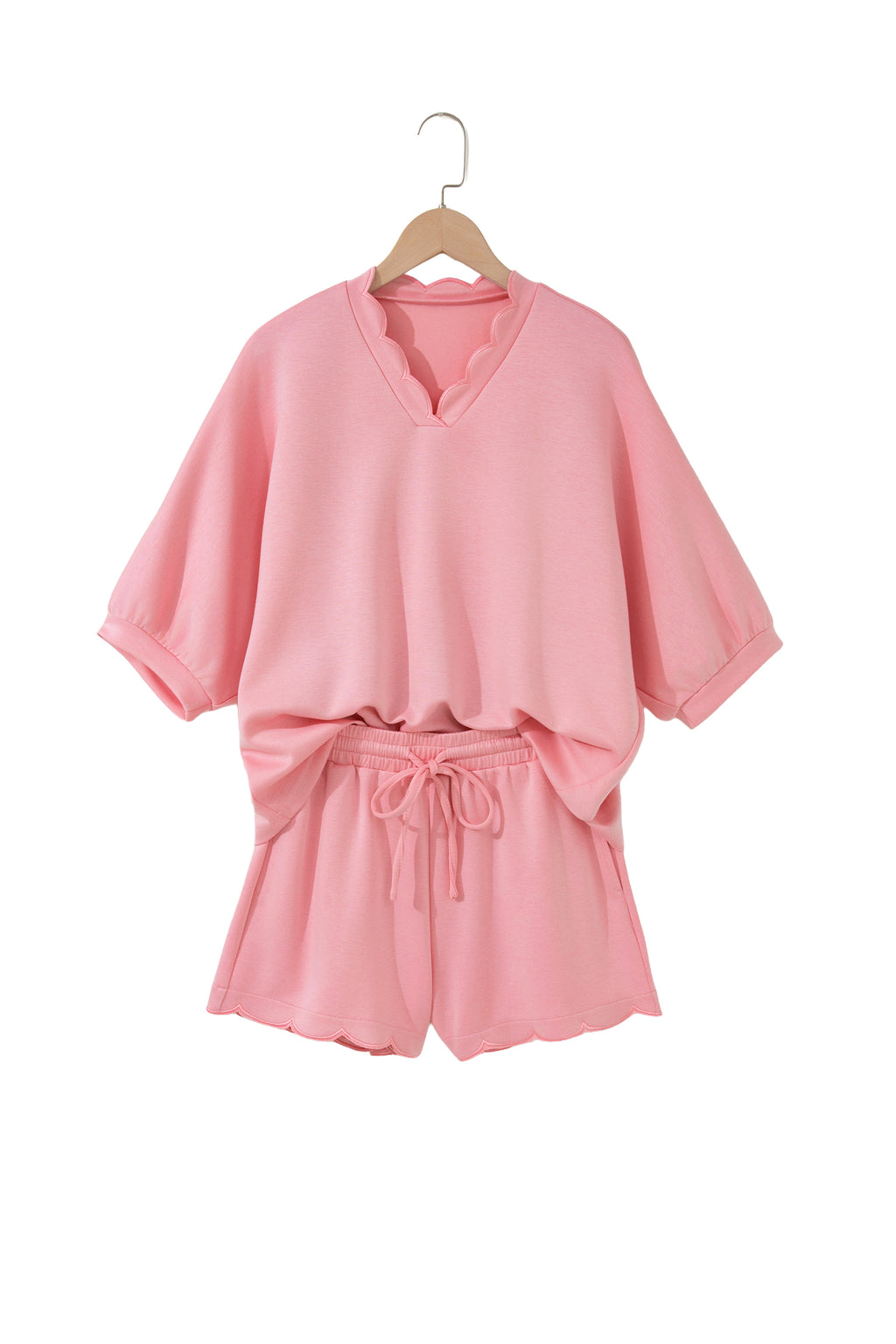 Gossamer Pink Scalloped V Neck Dolman Oversize Top Drawstring Short Set