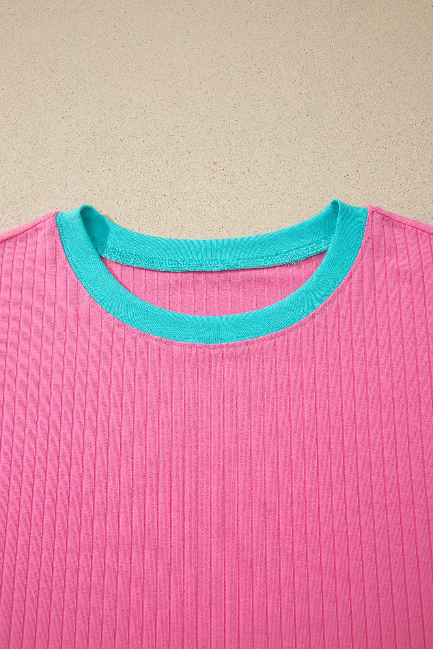 Clearly Aqua Soft Ribbed Color Block Trim Casual Short Set