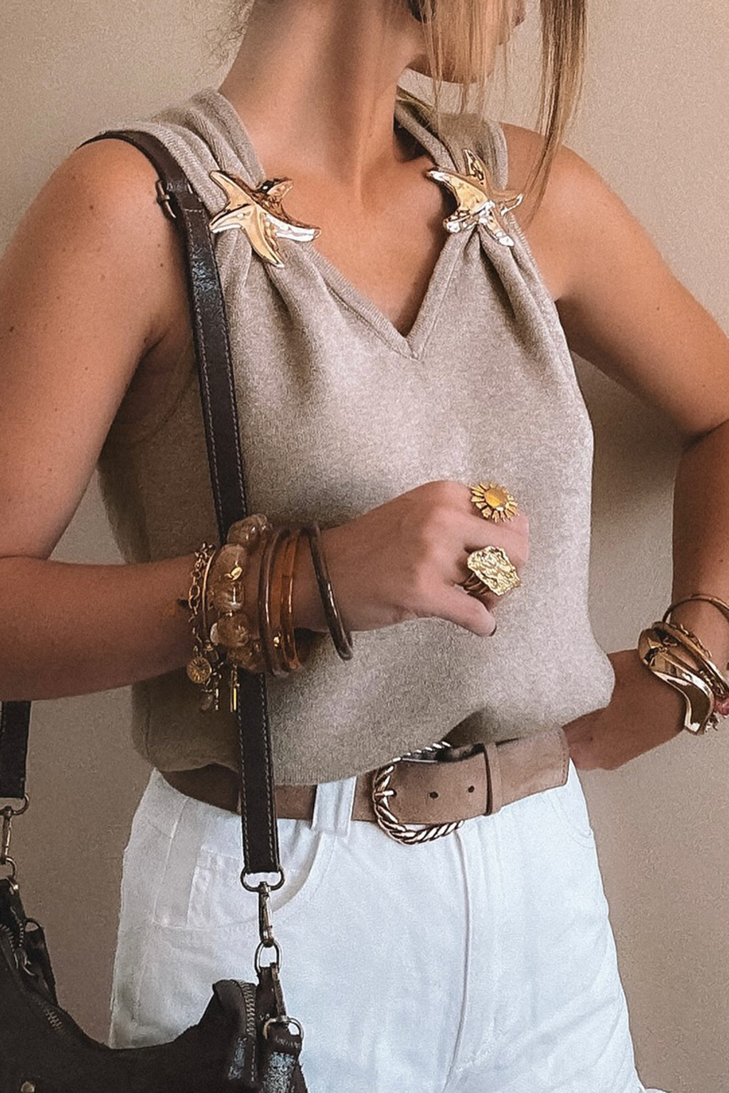 Gray Morn Metal Star Detail V Neck Sweater Knit Tank Top