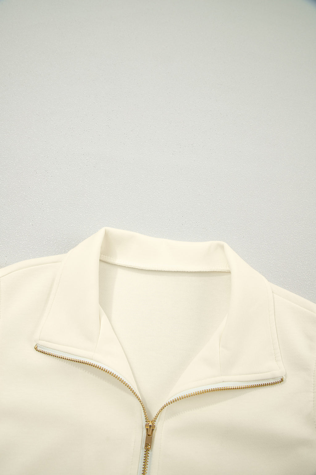 Beige Collared Ruffled Short Sleeve Blouse