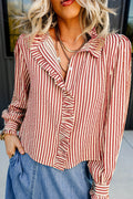 Red Stripe Textured Ruffle Trim Button-Up Long Sleeve Shirt
