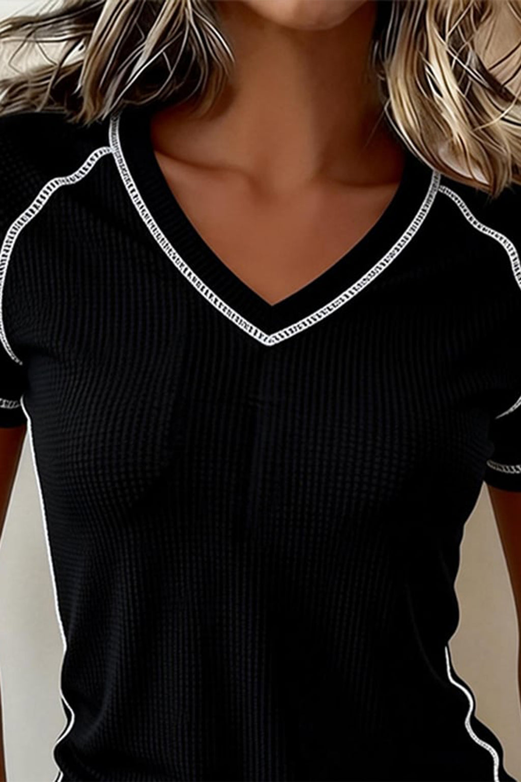 Black Waffle Textured Contrast Trim V Neck Tee