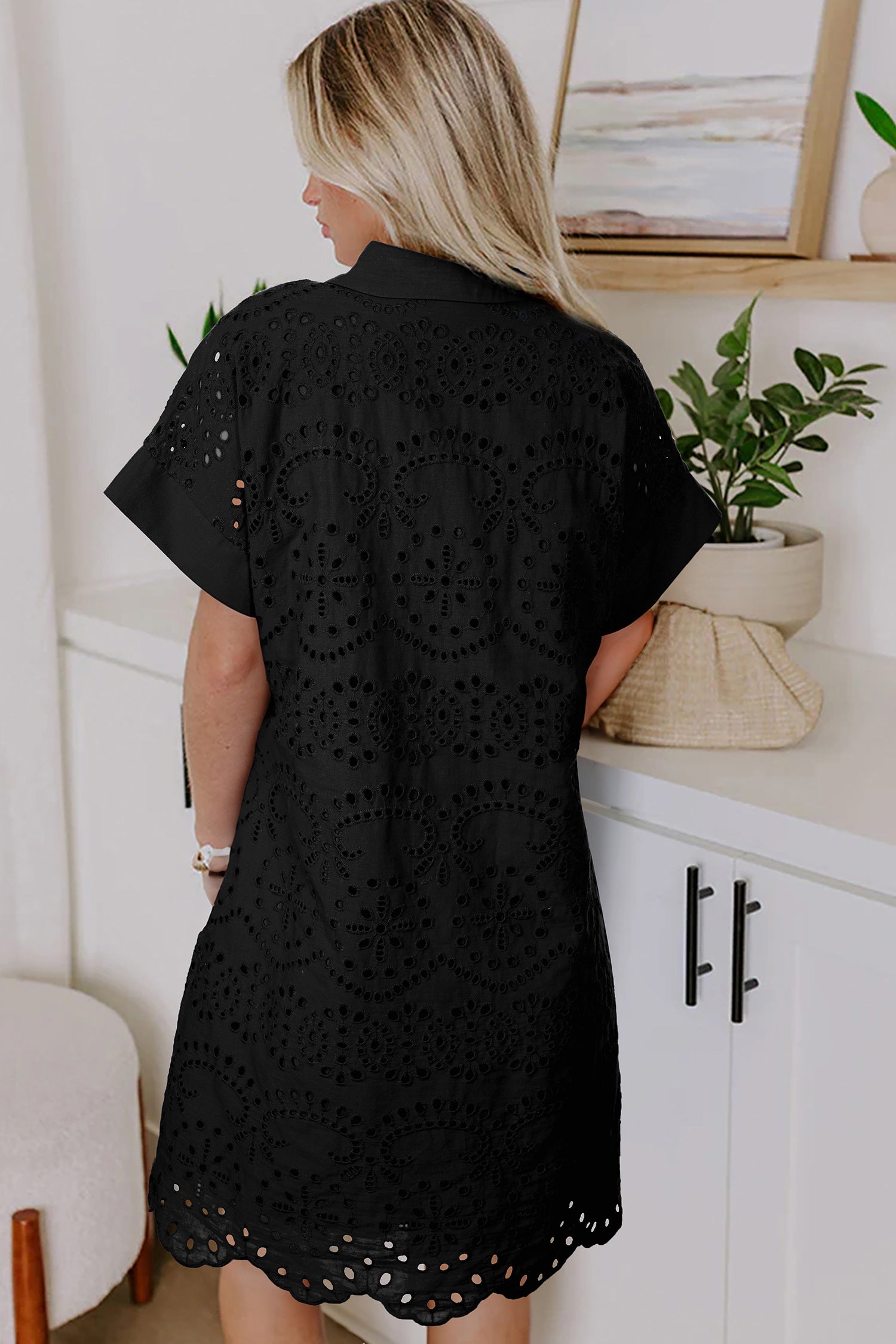 Black Solid Color Eyelet Embroidered T Shirt Mini Dress