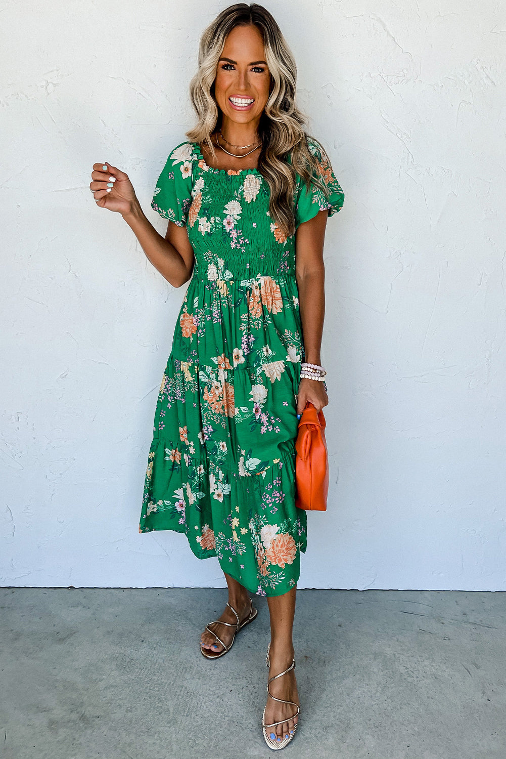 Floral Print Bubble Sleeve Midi Dress