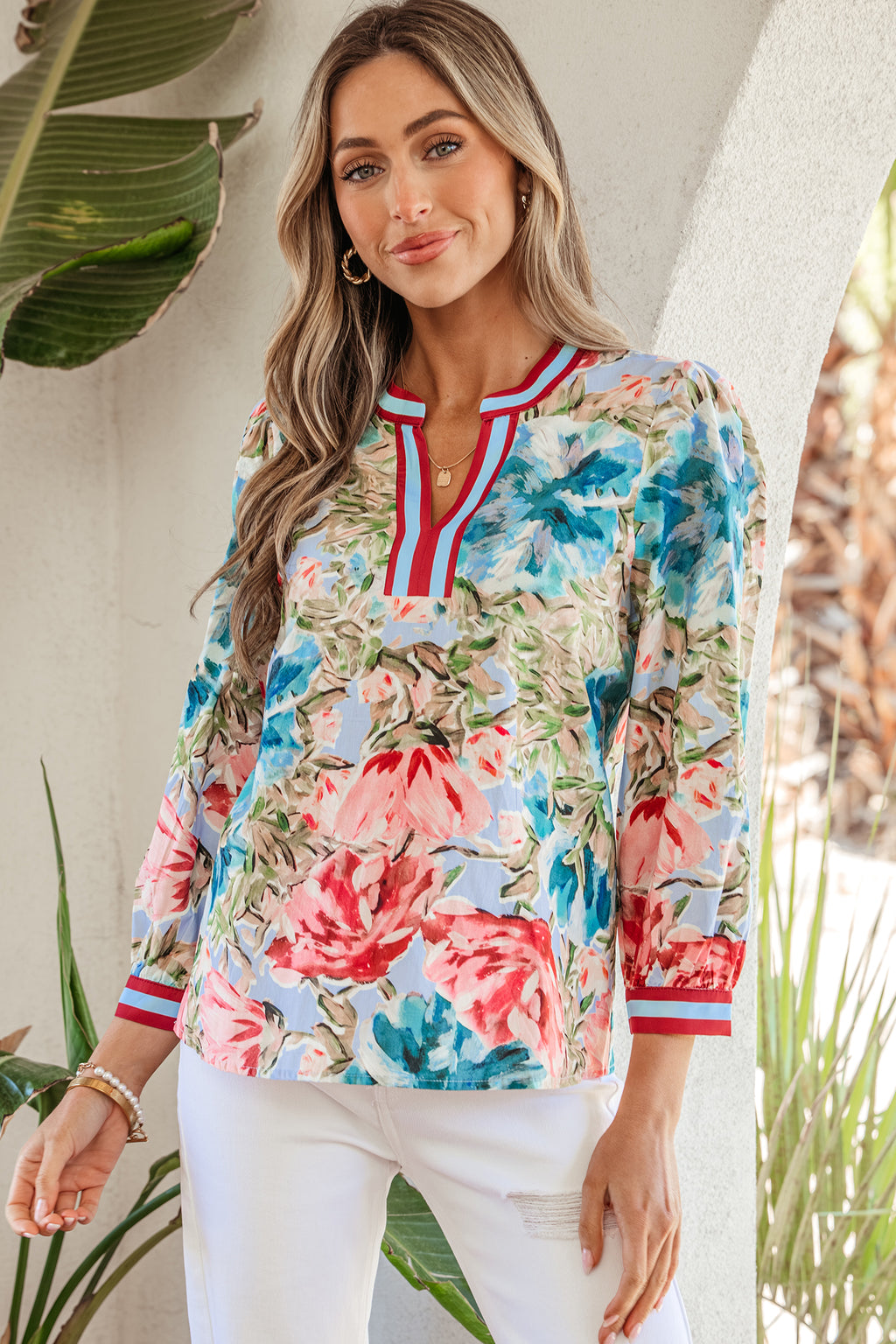 Sky Blue Contrast Floral Blouse